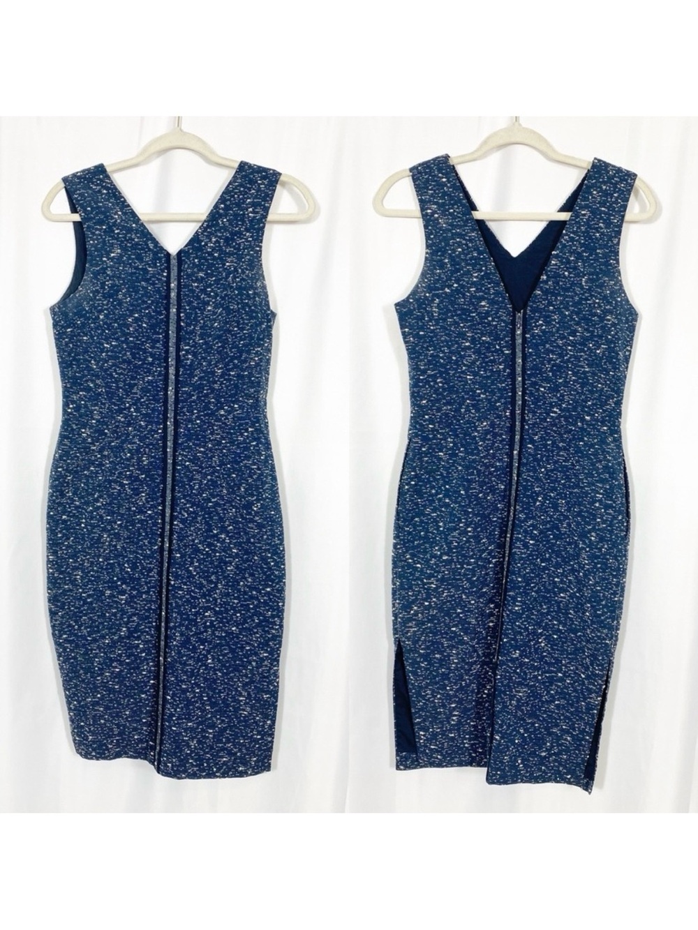 Sea New York Tweed V Neckline Midi Sheath Dress: Blue